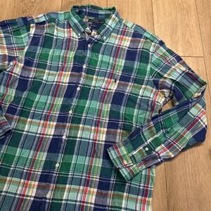 NWT Polo Ralph‎ Lauren GREEN/BLUE PLAID Untucked LINEN Shirt Men's XL Navy Pony